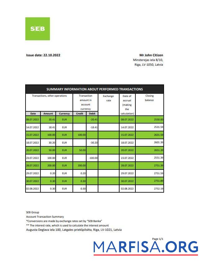 Blank Latvia SEB bank statement excel example